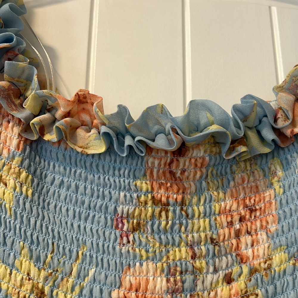 Aakaa Blue And Pink Floral Ruffle Off The Shoulder Long Sleeved Dress - Picture 7 of 11